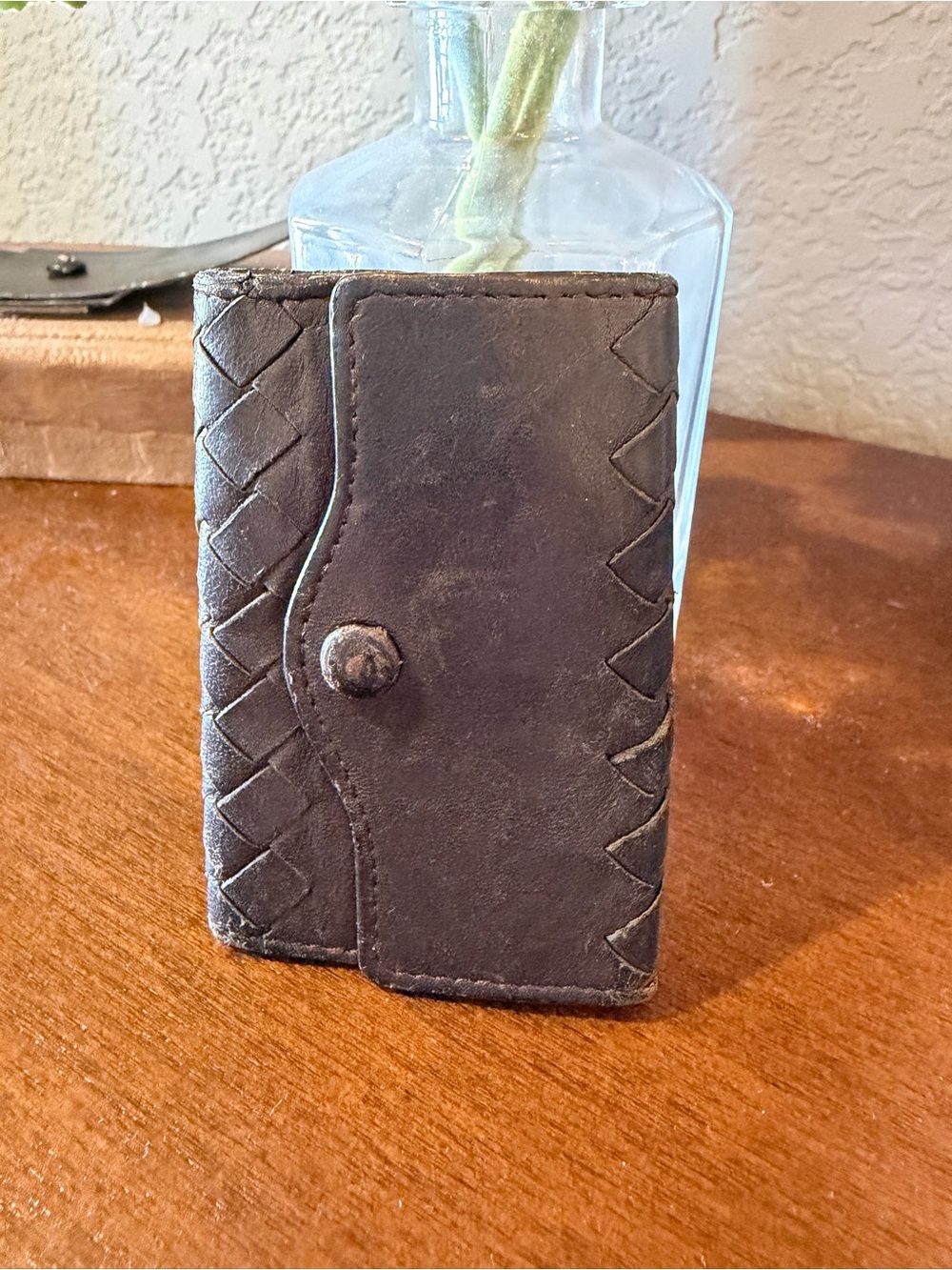 Woven Accent Leather Card Holder - Dark Brown